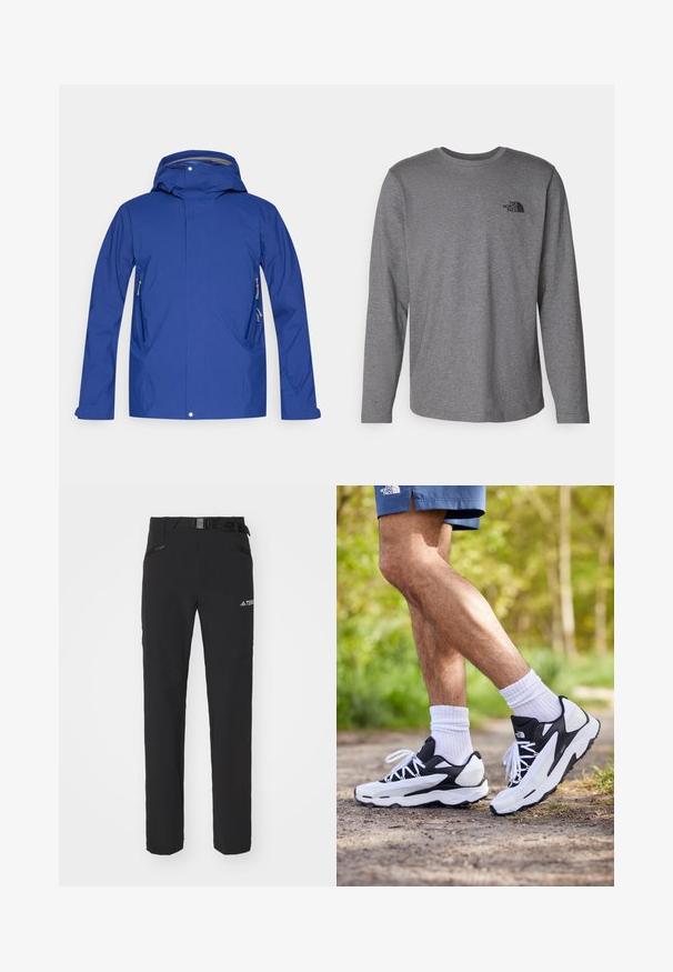 Blaue wasserdichte Jacke mit Kapuze, ausgestattet mit zwei seitlichen Reißverschlusstaschen, minimalistisches Design, glatte Textur, ohne sichtbare Logos oder Muster.; The North Face M L/S SIMPLE DOME TEE - Langarmshirt - medium grey heather; Schwarze Outdoor-Hosen aus glattem Stoff, mit seitlichen Reißverschlusstaschen, verstärkten Kniepartien und einem verstellbaren Bund mit Schnalle.; Schwarz-weiße Sportschuhe mit einem Obermaterial aus Mesh, strukturierten Akzenten und weißen Schnürsenkeln. getragen mit weißen Knöchelsocken und dunkelblauen Shorts auf einem Weg.