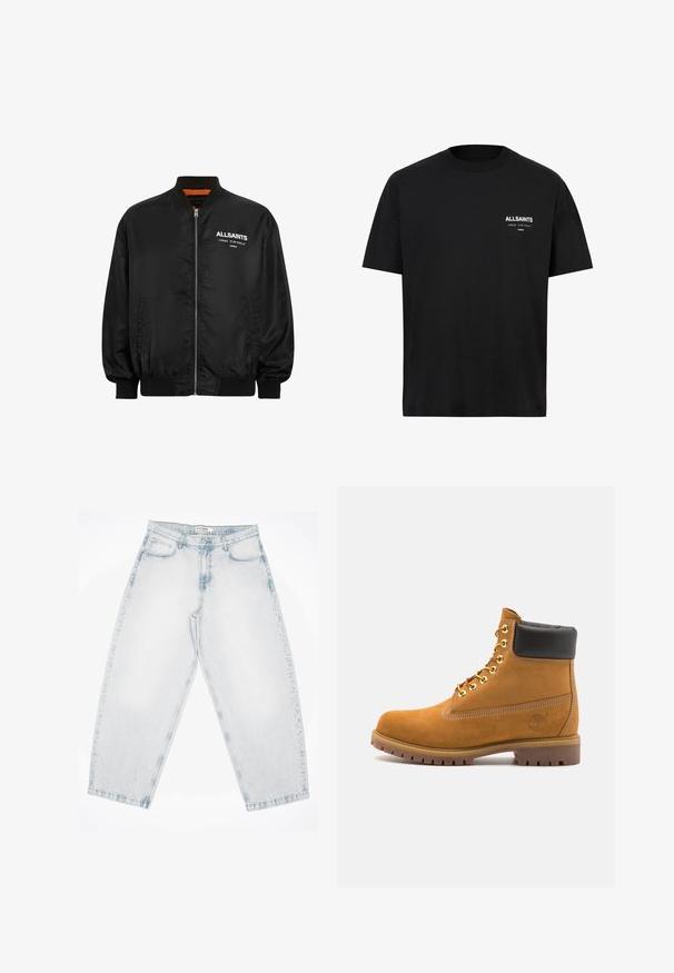 Schwarze Bomberjacke aus Satinmaterial mit einem Reißverschluss vorne, gerippten Bündchen und gestickten Logodetails auf der Brust und am Ärmel.; Schwarzes Baumwoll-T-Shirt mit kurzen Ärmeln und Rundhalsausschnitt. Mit weißen Aufdrucken "ALLSAINTS" und "LONDON" auf der linken Brustseite.; Helle blaue Denim-Jeans mit lockerer, baggy Passform. Verfügt über fünf Taschen, Knopfverschluss und genähte Details. Ausgewaschene Textur und gerade Beine.; Beige Wildleder-Ankle-Boot mit schwarzem gepolstertem Kragen, goldenen Metallösen, weißen Nähdetalben und einer robusten Gummisohle mit ausgeprägtem Profil.
