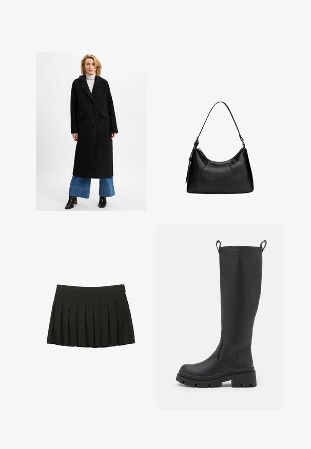 Schwarzer langer Mantel mit strukturierter Oberfläche, Reverskragen, zwei vorderen Taschen und zwei Knöpfen, getragen über weit geschnittenen blauen Jeans und Stiefeletten mit Absatz.; ONLY ONLMOON LIFE SLIT - Strickpullover - dark grey; Schwarzer, plissierter Minirock mit elastischem Bund und seitlichem Reißverschluss, auf einem weißen Hintergrund präsentiert.; Schwarze kniehohe Stiefel aus glattem Leder mit einer dicken Sohle und leichtem Absatz. Verfügt über Ziehschlaufen und elastische Seitenpanels für ein einfaches Anziehen.; Schwarze Handtasche aus synthetischem Leder mit geschwungener Form, kurzen Tragegriff, Reißverschlussverschluss und einem dezenten strukturierten Muster auf der Oberfläche.