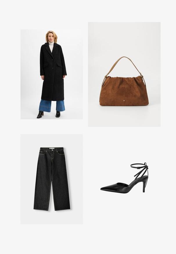 Zwarte lange jas met een gestructureerde afwerking, met notch-revers, twee voorzakken en twee knopen, gedragen over wijde blauwe jeans en laarzen met hak.; Bruine geribbelde coltrui met lange mouwen en opgerolde manchetten; gemaakt van textuurstof; cropped lengte.; Zwarte denim wijde jeans met vijf zakken, metalen knoop en ritsluiting, en contrasterende gele stiksels langs de naden.; Zwarte, puntige hoge hak schoenen met een uitsnijding en verstelbare enkelband. De schoen heeft een glad, glanzend oppervlak en een slanke hak.; Bruine suède handtas met een geplooid ontwerp, voorzien van een enkele tan kleur leren schouderband en een subtiele gouden logo-detail aan de voorkant.