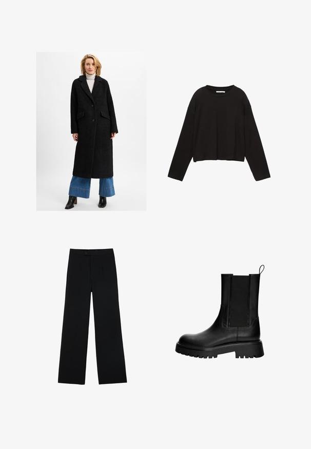 Zwarte lange jas met een gestructureerde afwerking, met notch-revers, twee voorzakken en twee knopen, gedragen over wijde blauwe jeans en laarzen met hak.; Zwarte lange mouwen cropped shirt gemaakt van zachte katoen. Heeft een ronde halslijn en een losse pasvorm met verlaagde schouders. Geen zichtbare patronen of accenten.; Zwarte wijde broek van gladde stof, met een ritssluiting aan de voorkant en twee plooien voor extra detail. Over het geheel een nauwkeurige pasvorm.; Zwarte leren enkellaars met een gladde afwerking, elastische zijpanelen en een chunky zool met diepe noppen. Lus aan de achterkant voor eenvoudig aan- en uittrekken.