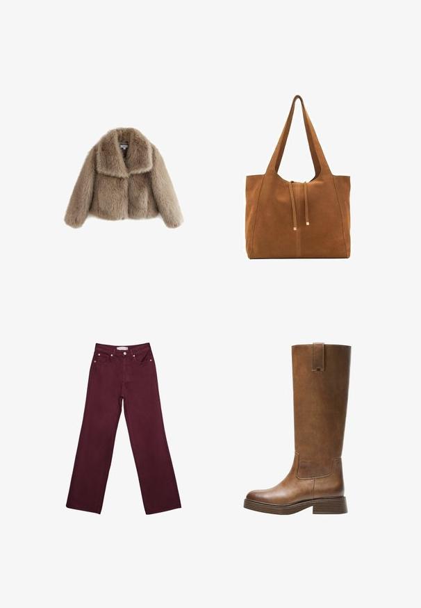 Next REGULAR FIT - Overgangsjakke - neutral; Hvid T-shirt lavet af blødt, let stof. Har en rund halsudskæring og korte, brede ærmer med en afslappet pasform. Ingen synlige mønstre.; Bordeaux højtaljede jeans med lige ben-design, der har forlommer, en knaplukning og hardware-detaljer i kobberfarve.; Brune læderknæhøje støvler med rund tå, struktureret overflade og en stabelt lav hæl. Har en sidepanel og en løftestrop øverst.; Brun ruskinds-tote med to lange stropper, snørelukning og minimalistisk design. Glat tekstur og ingen synlige hardware-detaljer.