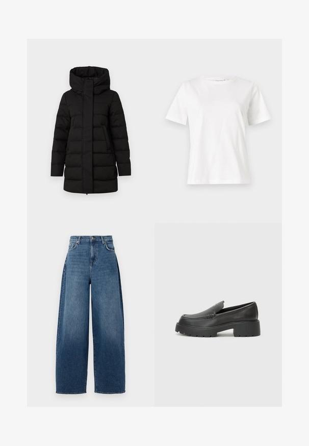 Čierna zateplená pufovaná bunda s vysokým golierom, predným zipsom a dvoma bočnými vreckami. Má prešívaný vzor pre teplo.; Biela bavlnená tričko s krátkymi rukávmi, okrúhlym výstrihom a voľným strihom. Hladká textúra, bez vzorov alebo akcentov, minimalistický dizajn.; Džínsy s širokými nohavicami vyrobené z tmavomodrého denimu. Majú vysoký pás, päť vreciek a zapínanie na horný gombík. Po celom obvode majú mierne vyblednutú textúru.; Čierne kožené mokasíny s okrúhlou špičkou, hrubou textúrovanou podrážkou a minimom stehovej výzdoby. Štíhly dizajn bez viditeľných šnúr alebo kovania.