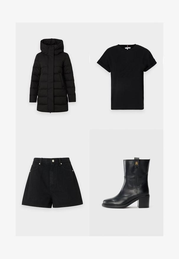 Black insulated puffer jacket with a high collar, front zip closure, and two side pockets. Features a quilted pattern for warmth.; Black cotton t-shirt with rolled short sleeves, featuring an embossed logo in the center and a small flag accent on the side.; Black denim shorts with a high waist, five pockets, silver hardware, and a standard fit, featuring a smooth texture and clean finishing.; Black leather mid-calf boot with block heel and gold "TH" logo on pull tab against white background.