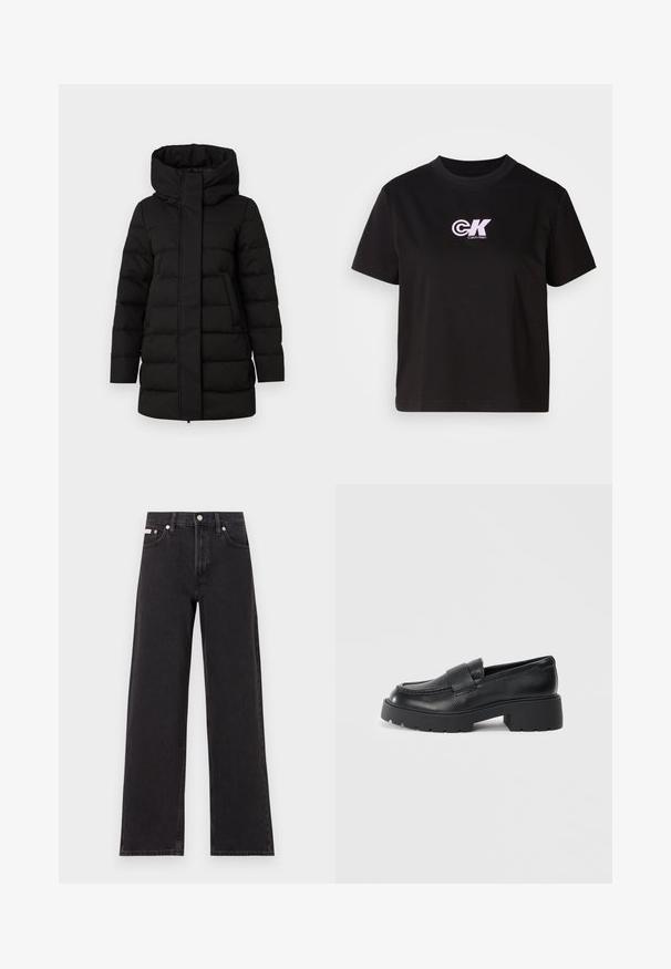Must kollane isolatsiooniga puffjakker kõrge kaelusega, esine lukuga ja kahe küljetaskuga. Omab soojuse tagamiseks tikandmustrilist disaini.; Must черmust t-särk ümmarguse kaelusega ja lühikeste varrukatega. Ees vasakul rinnal on valge ja roosa "CK" logo.; Mustad laiad mustad teksad, millel on kõrge vöökoht, viie tasku stiil ja metallist nööpkinnitus kontrastsete õmblustega.; Musträid nahast loafertossud struktureeritud viimistlusega, millel on ristkülikukujuline rihm vampi üle ja jäme, soonikuga talla disain.