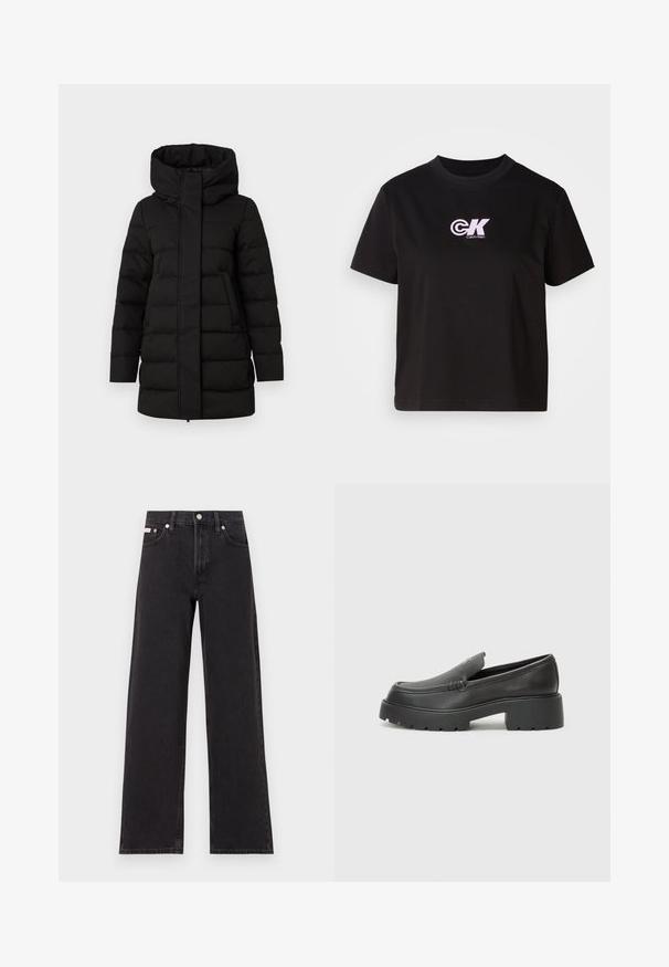 Jachetă puffer izolată, de culoare neagră, cu guler înalt, închidere cu fermoar frontal și două buzunare laterale. Prezintă un model matlasat pentru căldură.; Tricou din bumbac negru cu guler rotund și mâneci scurte. Prezintă un logo alb și roz "CK" în partea superioară stângă a pieptului.; Jeanși negri cu picioare largi, fabricați din denim, cu talie înaltă, stil cu cinci buzunare și închidere cu nasture metalic, cu cusături contrastante.; Mocasini din piele neagră, cu vârf rotunjit, talpă groasă texturată și detalii minimale de cusătură. Design elegant, fără șireturi sau accesorii vizibile.