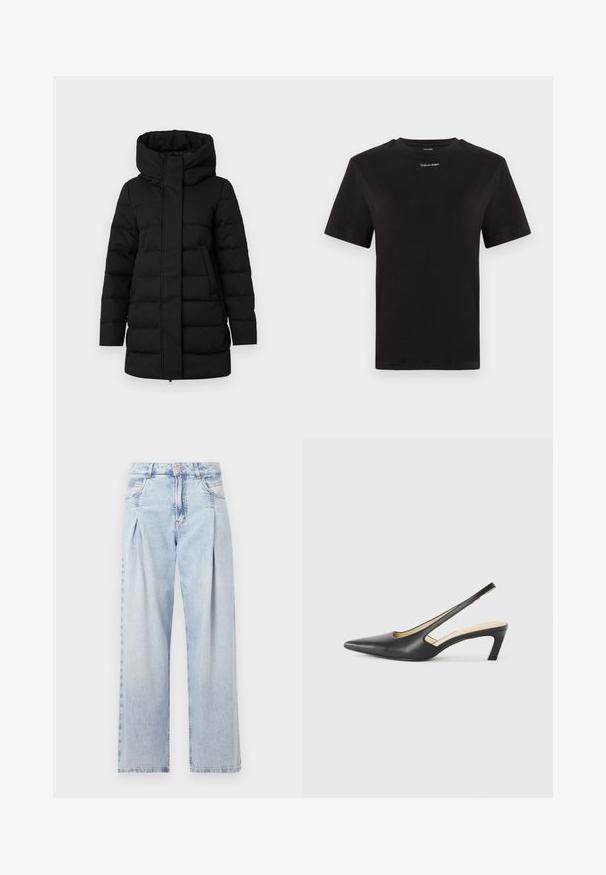 Mustan eristetyn puvuhocean takki, jossa on korkea kaulus, etuvetoketju ja kaksi sivutaskua. Takissa on tikkikuvio, joka tarjoaa lämpöä.; Musta puuvillapaita lyhyillä hihoilla, pyöreä pääntie ja pieni valkoinen "Calvin Klein" -logo rinnassa. Silkkinen pinta, klassinen istuvuus.; Vaaleansiniset farkut, joissa on korkea vyötärö, leveälahkeinen leikkaus, kaksi sivutaskua ja pleatattu muotoilu. Pehmeä rakenne, jossa on haalistunut viimeistely.; Musta, kärjeltään terävä slingback-kengä, jossa on matala korko. Kengässä on sileä nahkamateriaali ja sivuilla leikkaukset hengittävyyttä varten.