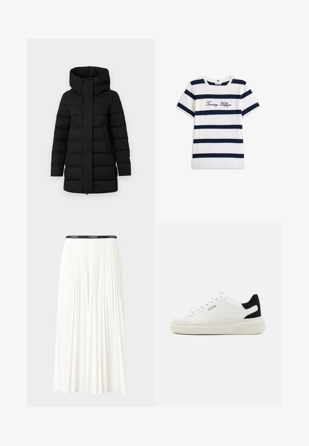 Chaqueta puffer negra aislante con un cuello alto, cierre frontal con cremallera y dos bolsillos laterales. Presenta un patrón acolchado para mayor calidez.; Camiseta de algodón con rayas horizontales azul marino sobre un fondo blanco. "Tommy Hilfiger" bordado en cursiva en el pecho. Escote de tipo crew.; Falda blanca plisada con una cinturilla elástica negra que presenta el logotipo "LACOSTE". Diseño de longitud media con textura suave.; Zapatillas blancas de cuero con una suela blanca gruesa, acento en el talón de ante negro y logo grabado en el lateral. Diseño de cordones con seis ojales.