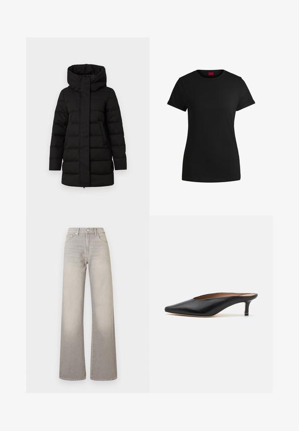 Zwarte geïsoleerde pufferjack met een hoge kraag, een ritssluiting aan de voorkant en twee zijzakken. Beschikt over een gequilte structuur voor warmte.; Zwart katoenen T-shirt met korte opgerolde mouwen, een ronde halslijn en een rood label. Glad textuur, aansluitende pasvorm met minimale details.; Grijze wijde jeans met een vervaagde afwerking, knoopsluiting, vijfzakkenontwerp en gestikte details langs de naden.; Zwarte leren muiltjes met een puntige neus en een lage, blokhak. Glad oppervlak met een gestroomlijnd ontwerp. Open achterkant met minimale details.