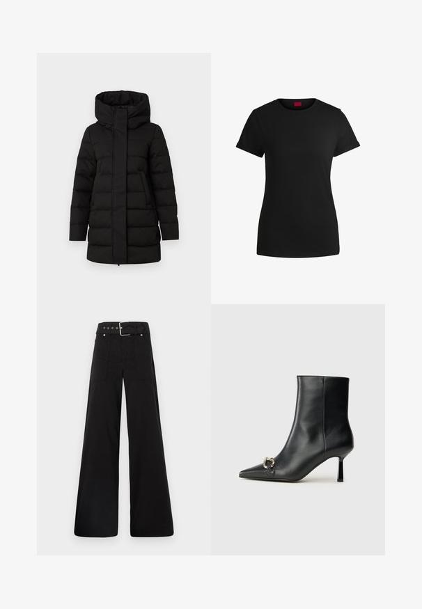 Čierna zateplená pufovaná bunda s vysokým golierom, predným zipsom a dvoma bočnými vreckami. Má prešívaný vzor pre teplo.; Čierne bavlnené tričko s krátkymi rolovanými rukávmi, okrúhlym výstrihom a červenou nášivkou. Hladká textúra, priliehavý strih s minimálnymi detailmi.; Čierne nohavice so širokými nohavicami vyrobené z bavlny, s vysokým pásom, veľkými bočnými vreckami a opaskom s prackou so striebornými detailmi.; Čierna kožená členková obuv s špicatou špičkou, štíhlým stredne vysokým podpätkom a striebornou sponou na boku na jednoduchom pozadí.