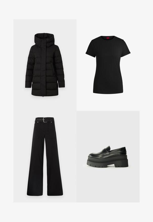 Giubbotto imbottito nero con collo alto, chiusura frontale con zip e due tasche laterali. Presenta un motivo trapuntato per maggiore calore.; T-shirt in cotone nero con maniche corte arrotolate, scollatura rotonda e etichetta rossa. Texture liscia, forma aderente con dettagli minimi.; Pantaloni neri a gamba larga realizzati in cotone, con vita alta, ampie tasche laterali e vita con cintura arricchita da dettagli in metallo argentato.; Mocassini neri in pelle con suola piatta spessa. Punta arrotondata, dettaglio della cucitura frontale e accenti di cucitura sottili. Suola piatta e testurizzata.
