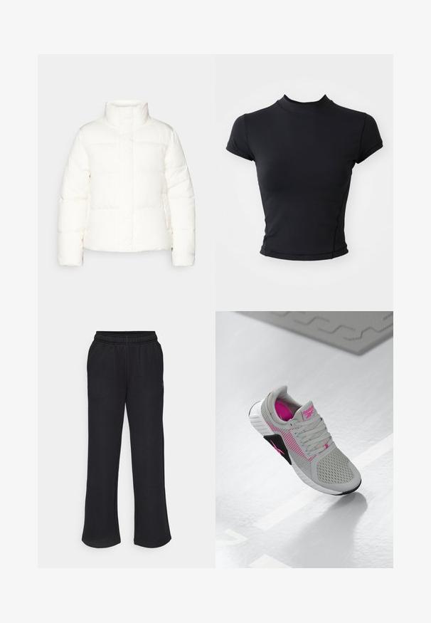 White puffer jacket with a high collar, featuring quilted sections, a front zipper closure, and slightly puffed sleeves. Smooth texture.; Black cropped t-shirt made of smooth, stretchy fabric with a high neck and short sleeves, featuring clean stitching and a fitted silhouette.; Black sweatpants with a flared shape, elastic waistband, and side pockets. Made from soft fabric with no visible patterns or accents.; Gray and pink Reebok athletic sneaker with mesh upper and detailed sole, displayed on a reflective white surface.