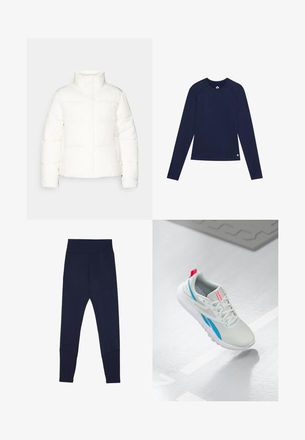 Biela páperová bunda s vysokým golierom, so zúženými časťami, predným zipsom a mierne nadýchanými rukávmi. Hladká textúra.; Námornícky dlhý rukáv tričko vyrobené z elastického materiálu, s okrúhlym výstrihom, raglánovými rukávmi a malým logom pri leme.; Námořnické modré legíny vyrobené z pružné tkaniny, s širokým elastickým pásom, kontrastným šitím a zúženým strihom pri členkoch.; Biele a modré tenisky Reebok s červeným pútkom sa vznášajú nad lesklou podlahou s blízkym šedým gumovým kobercom.