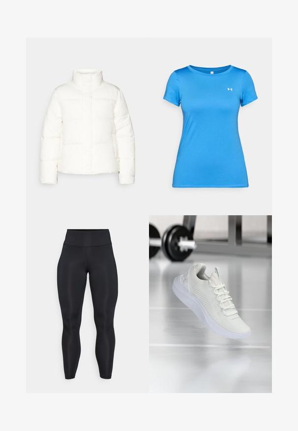 Hvit oppblåsbar jakke med høy krage, med kviltede seksjoner, frontglidelås og lett puffede ermer. Glatt tekstur.; Blå kortermet treningsskjorte med rund hals og liten hvit Under Armour-logo på øvre bryst.; Svarte høy midje full-lengde leggings med glatt stoff og synlige søm detaljer foran og i midjebåndet.; Hvit atletisk sneaker med et teksturert mesh-overdel og snøring, med en polstret hvit såle og subtile ribbede detaljer.