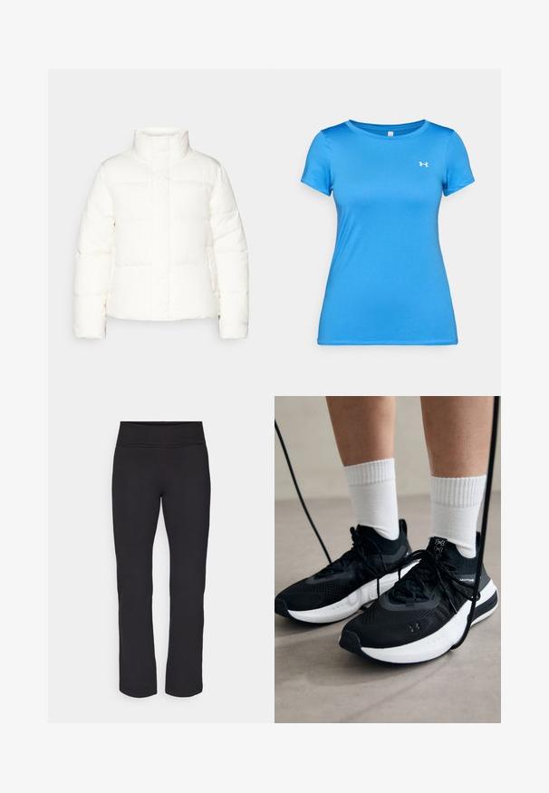 Witte pufferjack met een hoge kraag, voorzien van gestikte secties, een voorrits en licht opgezette mouwen. Gladde textuur.; Blauwe atletische shirt met korte mouwen, ronde hals en klein wit Under Armour-logo op de bovenste borst.; Zwarte leggings van een gladde, rekbare stof met een brede tailleband. Ze hebben rechte, volle lengtes en geen zichtbare patronen of accenten.; Zwarte sportschoenen van gestructureerde stof, met een witte zool en zwarte veters. Draag ze met witte geribde sokken, staand op een lichte ondergrond.