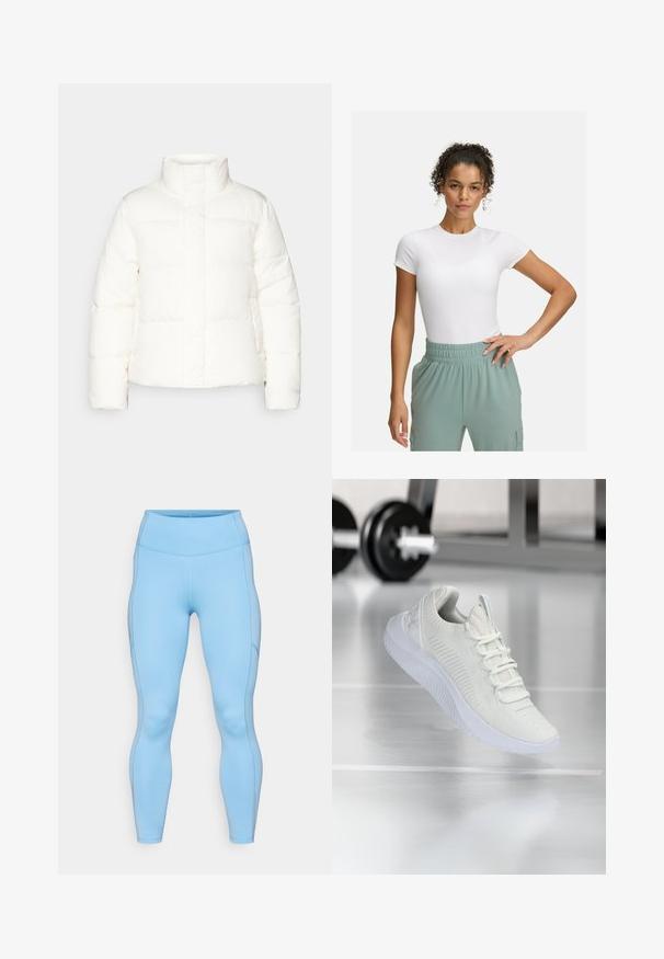 Valkoinen puffatakki, jossa on korkea kaulus, tikattuja osioita, edessä vetoketju ja hieman puffatut hihat. Saa pehmeän tuntuman.; Valkoinen muotoiltu t-paita lyhyillä hihoilla, yhdistettynä vaaleanvihreisiin joustaviin vyötäröhousuihin. Sileä pinta, minimalistinen muotoilu ja ei näkyviä kuvioita.; Vaaleansinisiä legginssejä, jotka on valmistettu joustavasta kankaasta. Ominaisuuksiin kuuluu korkea vyötärö, sileä pintakuvio ja kaarevat saumat jaloissa.; Valkoiset urheilukengät, joissa on teksturoitu verkkopintainen yläosa ja nauhoitusjärjestelmä. Kenkäpareissa on pehmustettu valkoinen pohja ja hienovaraiset uritetut yksityiskohdat.