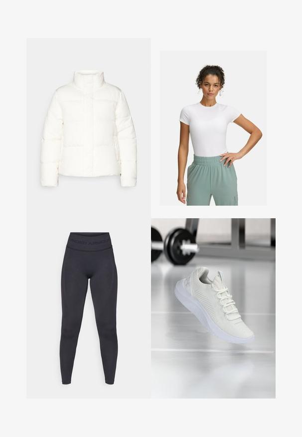 Giacca piumino bianca con colletto alto, caratterizzata da sezioni trapuntate, chiusura con zip frontale e maniche leggermente gonfie. Texture liscia.; T-shirt bianca aderente con maniche corte, abbinata a pantaloni con elastico in vita di colore verde chiaro. Texture liscia, design minimalista e nessun motivo visibile.; Leggings neri con una vita alta elastica con il testo "UNDER ARMOUR". Texture liscia con accenti di pattern discreti lungo le gambe.; Sneaker atletico bianco con tomaia in rete testurizzata e sistema di allacciatura, caratterizzato da una suola bianca ammortizzata e sottili accenti rigati.