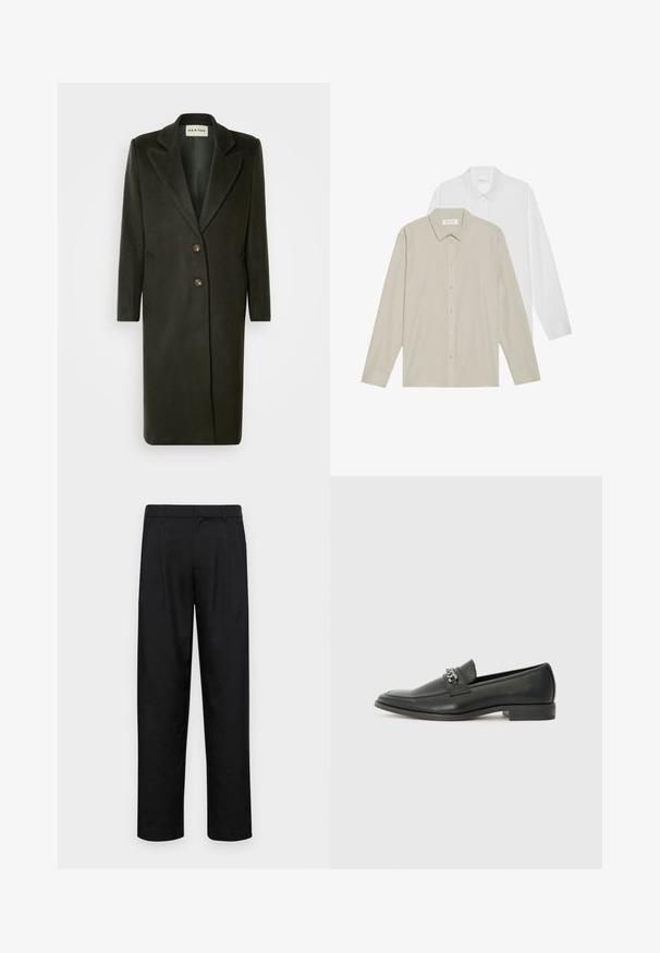 Heathe AKINWALE COAT - Klasický kabát - green; Dvoje tričiek s dlhými rukávmi: jedny sú z bielej látky, druhé sú béžové so tenkými vertikálnymi prúžkami. Obe majú golier a manžety na gombíky.; Čierne nohavice vyrobené z hladkej tkaniny, s rovnými nohavicami, dvoma prednými skladmi a štandardným pásom s pútkami na opasok.; Čierne kožené loafers s hladkým povrchom, s prešitým dizajnom a dekoratívnym kovovým reťazovým akcentom cez priehlavok. Plochý podpätok.