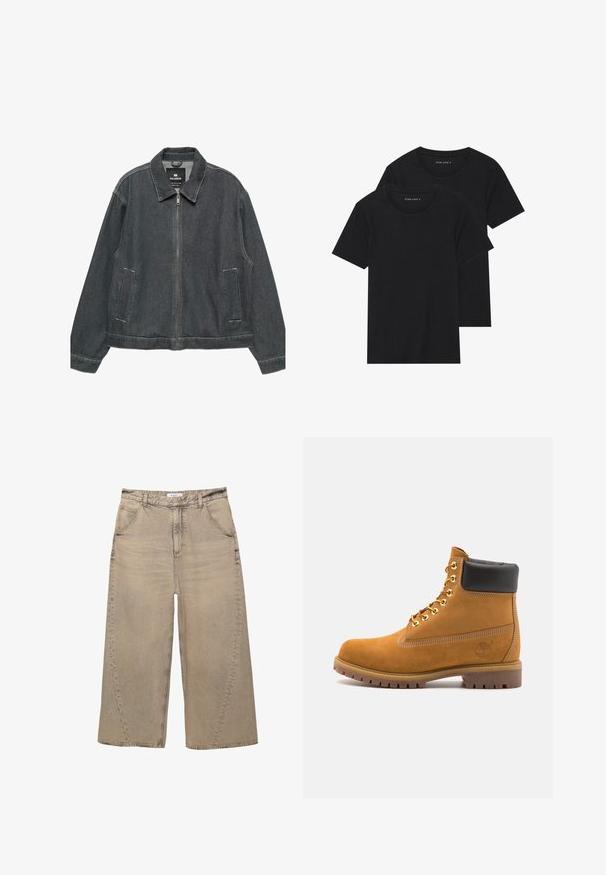 Dunkelblaue Jeansjacke mit Reißverschluss, abgerundetem Kragen, zwei Seitentaschen und kontrastierenden Nähten. Besitzt eine lockere, entspannte Passform.; Zwei schwarze Baumwoll-T-Shirts mit kurzen Ärmeln, runden Ausschnitten und einer glatten Textur, übereinander gestapelt.; PULL&BEAR MEGA BAGGY - Baggy Jeans - light grey; Beige Wildleder-Ankle-Boot mit schwarzem gepolstertem Kragen, goldenen Metallösen, weißen Nähdetalben und einer robusten Gummisohle mit ausgeprägtem Profil.