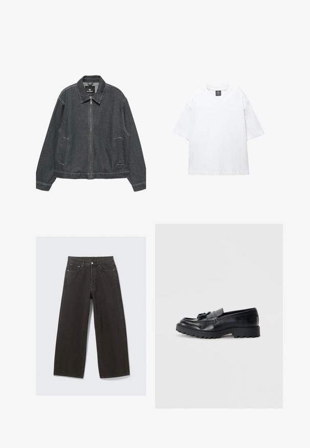 Donkerdenim jack met een ritsluiting, spread collar, twee zijzakken en contrasterende stiksels. Heeft een losse, relaxte pasvorm.; Witte t-shirt met korte mouwen van katoen, met een ronde hals en een relaxte fit met rechte zoom. Geen patronen of versieringen.; Wijdbenige zwarte denim jeans hebben een hoge taille, vijf zakken en een knoopsluiting. De stof heeft een zachte, gestructureerde afwerking.; Zwarte leren loafers met een glanzende afwerking, een dikke rubberen zool en een decoratieve kwastdetail aan de voorkant.