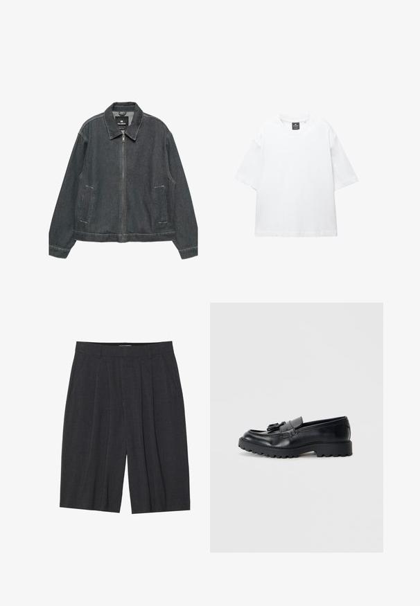 Tmavě modrá džínová bunda se zipem, rozevřeným límcem, dvěma bočními kapsami a kontrastním prošíváním. Má volný, uvolněný střih.; Bílý krátký rukáv tričko vyrobené z bavlny, s kulatým výstřihem a volným střihem se rovním lemem. Bez vzorů nebo zdobení.; Tmavě šedé plisované šortky vyrobené z texturované tkaniny, s pasem a rovnými nohavicemi, bez viditelných kapes nebo detailů.; Černé kožené mokasíny s lesklým povrchem, robustní gumovou podrážkou a dekorativním detailem v podobě třásní na přední straně.