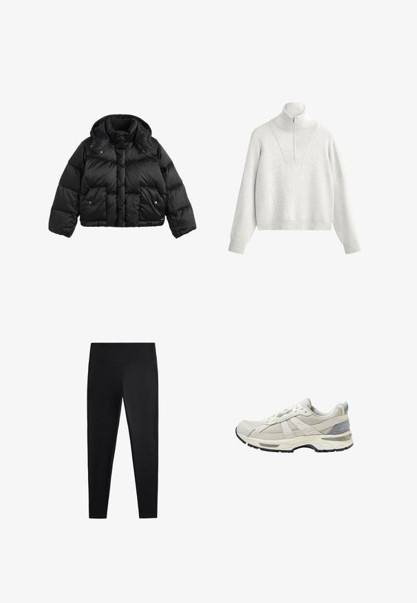 Black cropped puffer jacket with a high collar, detachable hood, snap-button flap pockets, and quilted stitching on sleeves and body.; Light gray sweatshirt with a high collar, featuring a half-zip and ribbed texture. Boxy shape with drop shoulders and a structured design.; Black leggings made of smooth, stretchy fabric. Features a wide waistband and tapered leg design, suitable for active or casual wear.; Beige athletic shoe with textured mesh upper and smooth accents. Features a cushioned sole, reinforced toe, and black rubber outsole.