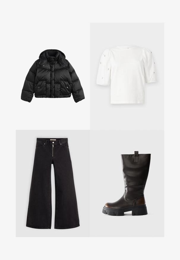 Musta lyhyt puffertakki, jossa on korkea kaulus, irrotettava huppu, nepparilla suljettavat läpällä varustetut taskut ja tikatut saumat hihoissa ja vartalossa.; Valkoinen puuvillainen t-paita lyhyillä puffihihnoilla, joissa on pieniä hopeisia koristeita hihojen varrella. Klassinen pyöreä kaula-aukko, rento malli.; Mustat leveälahkeiset farkut, joissa on vetoketjufrunti, viisi-taskuinen muotoilu ja hienovaraiset ompelusyyt. Sileä pinta ja rento tyyli.; Pitkä musta nahkasaapas, jossa on paksu musta pohja ja ruskea yksityiskohta kannassa, sivunäkemys vaaleanharmaalla taustalla.