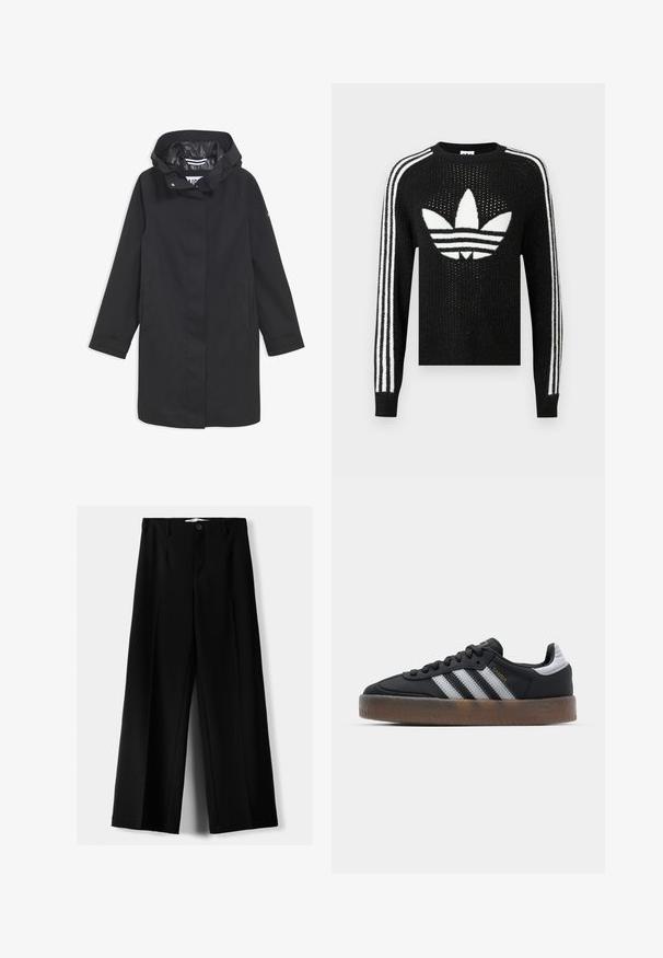 Jachetă neagră impermeabilă cu glugă, închidere cu capse, două buzunare laterale și căptușeală interioară netedă. Dispune de croială dreaptă și mâneci lungi.; Pulover negru tricotat cu un logo Adidas trefoil alb și trei dungi albe pe fiecare mânecă. Material texturat cu o ușoară strălucire.; Pantaloni negri cu picior larg, fabricați dintr-un material ușor, cu închidere frontală cu nasture și față plată, având tivuri cusute cu atenție.; Adidași negri cu un design elegant, având trei dungi albe, o limbă neagră și o talpă din cauciuc maro texturată. Detalii cu litere aurii.