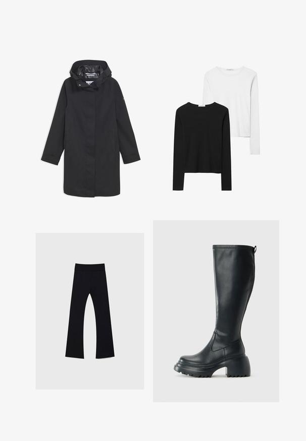 Zwarte waterdichte jas met een capuchon, drukknopen, twee zijzakken en een gladde voering. Heeft een rechte snit en lange mouwen.; Zwart-witte t-shirts met lange mouwen, met ronde halslijnen, zachte stof en een aansluitend ontwerp met rechte zomen.; Zwarte yogabroek met een hoge tailleband, gemaakt van rekbaar materiaal, met een uitlopende pijp vormgeving en een zachte textuur.; Hoge zwarte leren laars met een chunky plateauzool en blokhak, voorzien van een trekband en een gestructureerd profiel op de buitenzool.