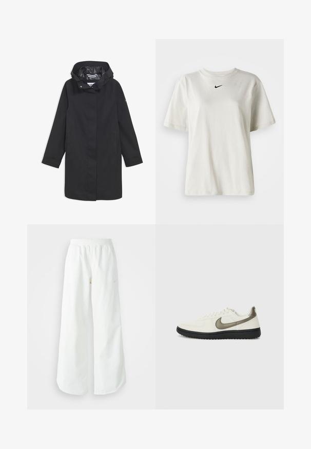 Čierna nepremokavá bunda s kapucňou, zapínaním na cvoky, dvoma postrannými vreckami a hladkým vnútorným podšívaním. Má rovný strih a dlhé rukávy.; Biely bavlnený tričko s okrúhlym výstrihom a krátkymi rukávmi. Na hrudi sa nachádza malé čierne logo Nike. Jednoduchý a nezdobený dizajn.; Biele široké športové nohavice s ribbovaným pásom a jemným logom. Hladká tkanina s uvoľneným strihom a zúženým lemom.; Nike Sportswear FIELD GENERAL - Tenisky - off-white/black