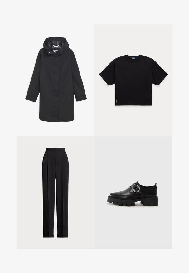 Chaqueta negra impermeable con capucha, cierre de botones a presión, dos bolsillos laterales y un forro interior suave. Presenta un corte recto y mangas largas.; Camiseta de algodón negra con mangas cortas, cuello redondo y un pequeño logo blanco en la parte inferior izquierda. Ajuste clásico y cuadrado con mínimos detalles.; Pantalones negros a medida con una cintura alta, que cuentan con pliegues en la parte delantera, un diseño de pierna recta y dobladillo con vuelta. Fabricados con un tejido suave.; Zapatos de cuero negro con una suela gruesa y estriada, que presentan un acento de hardware plateado en forma circular y un detalle de costura mínima.