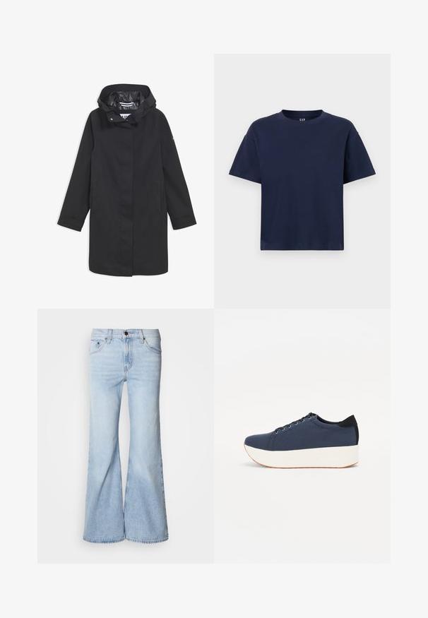 Musta vedenkestävä takki, jossa on huppu, napitus, kaksi sivutaskua ja sileä sisävuori. Ominaisuuksiin kuuluu suora leikkaus ja pitkät hihat.; Laivansininen puuvillapaita, jossa on pyöreä kaula-aukko ja lyhyet hihat. Paidan leikkaus on rento, ja siinä on minimaalinen muotoilu ilman kuvioita tai yksityiskohtia.; Vaalean siniset levenevät farkut, joissa on korkea vyötärö, farkkukangas, viisi taskua ja napitus. Lahkeet ovat leveät ja niissä on hieman haalistunut viimeistely.; Sotilaspunainen tennari, jossa on teksturoitu kangasyläosa, valkoinen alustan pohja, pyöreä kärki ja musta kantapääkorostus. Varustettu kuudella nyörille tarkoitetulla reikällä.