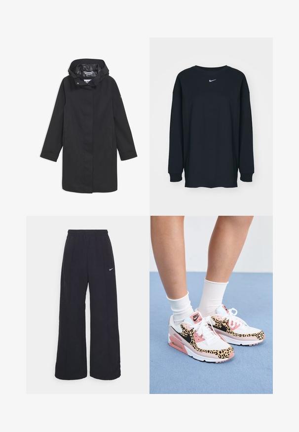 Černá nepromokavá bunda s kapucí, zapínání na patentky, dvě boční kapsy a hladká podšívka. Disponuje rovnými střihy a dlouhými rukávy.; Černé tričko s dlouhým rukávem vyrobené z bavlny s kulatým výstřihem. Na hrudi se nachází bílé logo Nike. Měkká textura, jednoduchý design.; Černé kalhoty s širokými nohavicemi, elastickým pasem a malým bílým logem Nike. Tkanina má hladkou strukturu, navrženou pro pohodlí a každodenní nošení.; Tenisky Nike Air Max mají bílo-růžovou barevnou kombinaci s akcenty leopardího vzoru, síťovinovými a koženými materiály a výraznou gumovou podrážkou.