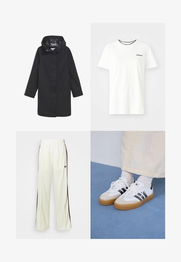 Čierna nepremokavá bunda s kapucňou, zapínaním na cvoky, dvoma postrannými vreckami a hladkým vnútorným podšívaním. Má rovný strih a dlhé rukávy.; Biela bavlnená tričko s krátkymi rukávmi a okrúhlym výstrihom. Obsahuje čierne logo Adidas na hrudi a kontrastný čierny vnútorný golier.; Krémové mikinové nohavice s voľným strihom, so tmavohnedými bočnými pruhmi a vyšitým logom na ľavom stehne.; Biele tenisky s čiernymi pruhmi a béžovými semišovými detailmi. Majú textúrovanú gumovú podrážku a ploché biele šnúrky, kombinované s svetlými ponožkami.