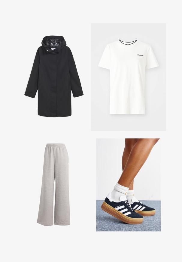 Giubbotto nero impermeabile con cappuccio, chiusura a bottoni a pressione, due tasche laterali e fodera interna liscia. Presenta una linea dritta e maniche lunghe.; T-shirt bianca in cotone con maniche corte e scollatura rotonda. Presenta un logo Adidas nero sul petto e un colletto interno a contrasto nero.; Pantaloni della tuta grigi chiari con vestibilità ampia, vita elasticizzata e tessuto morbido. Presentano un logo discreto su un lato. Design informale.; Sneakers in pelle scamosciata nera con strisce e dettagli bianchi, punta arrotondata, suola in gomma color gomme, abbinate a calzini bianchi a coste alla caviglia.