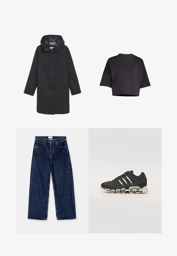 Black waterproof jacket with a hood, snap-button closure, two side pockets, and a smooth inner lining. Features a straight cut and long sleeves.; Black cropped t-shirt with a round neck, loose short sleeves, featuring vertical satin stripe accents on the left side. Smooth texture.; Dark blue denim wide-leg jeans featuring a high waist, front pockets, and a smooth texture with subtle stitching accents.; Black athletic shoe with a textured upper, three silver stripes, and a distinctive cushioning sole featuring multiple integrated sections.