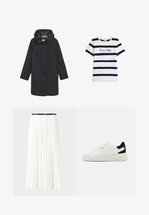 Giubbotto nero impermeabile con cappuccio, chiusura a bottoni a pressione, due tasche laterali e fodera interna liscia. Presenta una linea dritta e maniche lunghe.; T-shirt in cotone con righe orizzontali blu navy su sfondo bianco. "Tommy Hilfiger" ricamato in corsivo sul petto. Collo a giro.; Gonna bianca plissettata con elastico nero in vita che presenta il logo "LACOSTE". Design di lunghezza media con texture morbida.; Sneaker bianchi in pelle con suola spessa bianca, accento in suede nero sul tallone e logo impresso sul lato. Design con lacci e sei fori per i lacci.