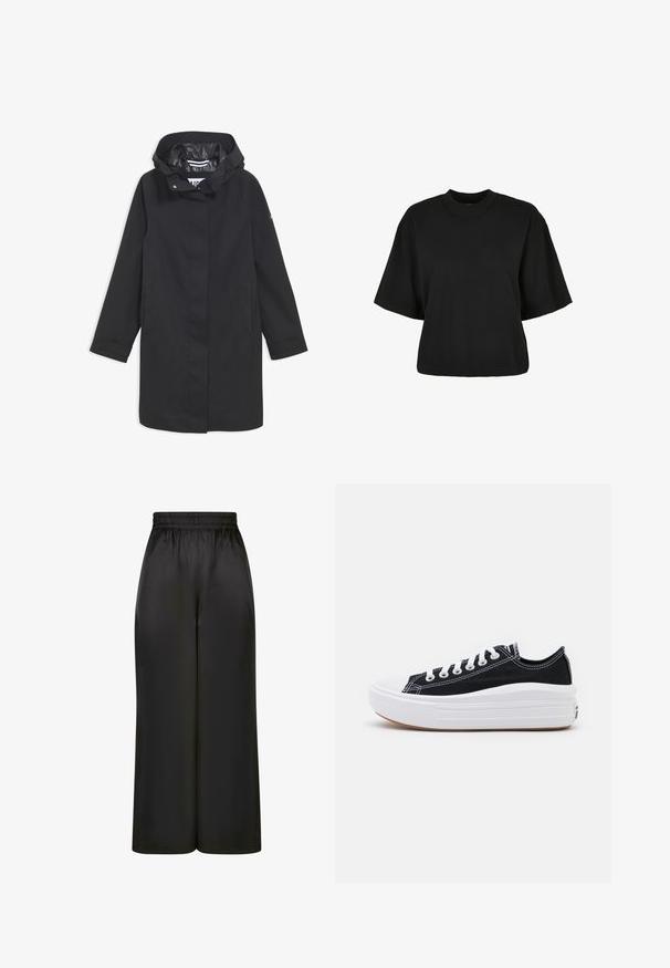 Melnā ūdensnoturīgā jaka ar kapuci, spiedpogu aizdari, divām sānu kabatām un gludu iekšējo oderi. Iezīmē taisnu griezumu un garām piedurknēm.; Melnas īsā piegriezuma T-kreklis no kokvilnas. Tam ir īsas piedurknes un apaļa izgriezne. Gluda tekstūra ar vienkāršu dizainu, bez papildu rakstiem.; Melni plaši bikses, izgatavotas no gludas, spīdīgas auduma, ar elastīgu jostu un bez redzamām kabatām vai aparatūras detaļām.; Melni kanvas sporta apavi ar baltām šņorēm, baltu gumijas purngalu un masīvu baltu zoli. Iezīmējas ar smalku baltu šuvumu un gumiju zoli.