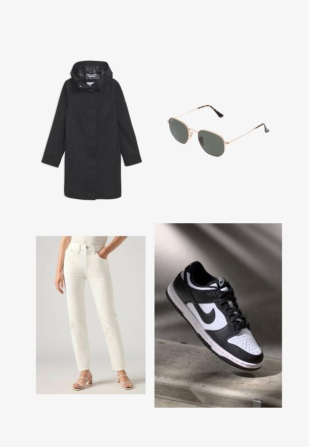 Svart vattentät jacka med huva, tryckknappsstängning, två sidofickor och en slät innerfoder. Har rak skärning och långa ärmar.; Vit t-shirt med kort ärm gjord av mjuk bomull, med rund halsringning och raglanärmar, med en avslappnad, rak passform utan mönster.; Vita högmidjade jeans med rak passform, med framfickor, knappstängning och en mjuk denimtextur. Bärs med lätta sandaler.; Svart och vit Nike Dunk Low sneaker med ovandel i läder, perforerad tånbox och svarta snören, med en vit sula och logotypdetaljer.; Guldmetallramda solglasögon med mörkgröna linser, pilotstil, med smala armfästen och sköldpaddsmönstra detaljer på spetsarna.; Svart kviltad läderhandväska med en kedjesnodd som pryds av ett dekorativt hänge. Mjuk textur, strukturerad form och en avslappnad siluett.