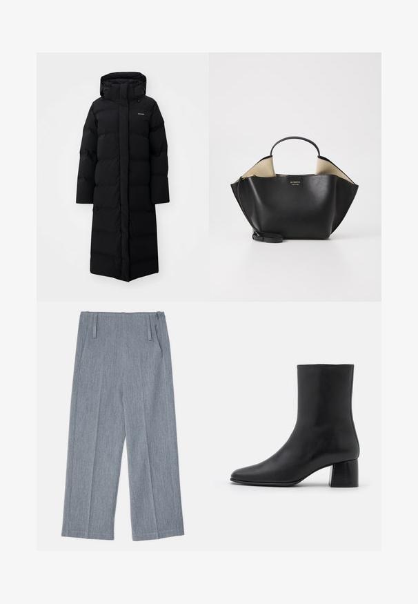 Manteau long noir rembourré avec capuche, présentant un design matelassé et un branding minimal. Texture lisse et coupe droite pour la chaleur.; Haut noir à manches longues en tissu doux, avec un col rond et une coupe décontractée, doté de fentes sur les côtés à l'ourlet pour faciliter les mouvements.; Pantalons larges gris clair en tissu texturé, avec deux plis avant et deux poches latérales. Design épuré et ajusté.; Bottine en cuir noir avec un bout pointu et un talon carré épais. Texture lisse avec un design sans coutures et descoutures minimalistes.; Ree Projects ANN TOTE MINI - Sac à main - black