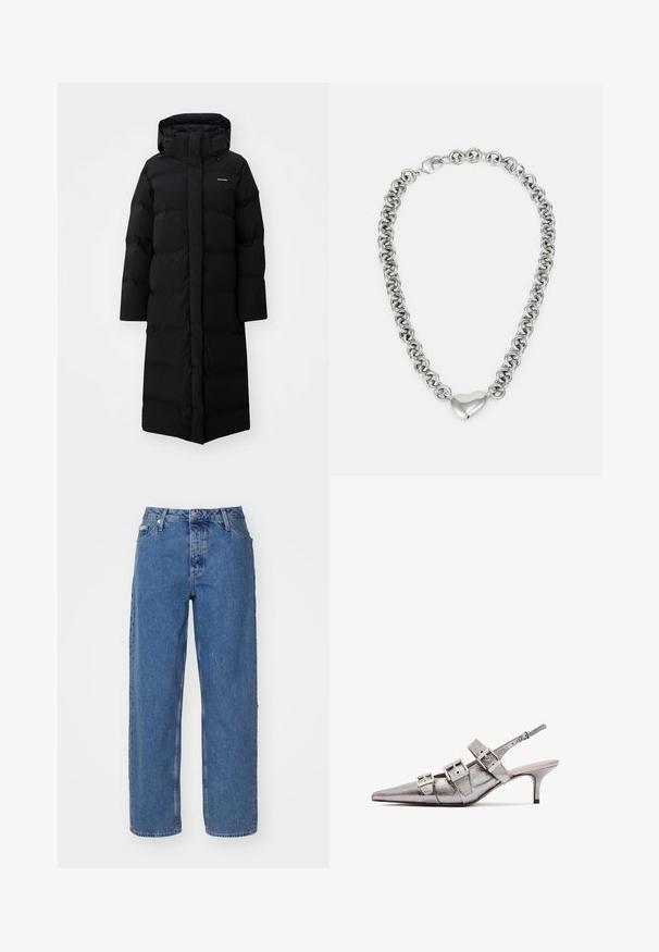 Manteau long noir rembourré avec capuche, présentant un design matelassé et un branding minimal. Texture lisse et coupe droite pour la chaleur.; T-shirt en coton rose clair avec un col rond, orné d'un logo brodé en argent "Calvin Klein" et d'un subtil design "CK" sur la poitrine.; Jeans en denim bleu clair avec une taille haute, une coupe droite, un style à cinq poches et une texture légèrement décolorée. Fermeture par rivet et bouton.; Escarpins argentés métalliques à talon slingback avec un bout pointu, dotés de trois larges lanières et de boucles métalliques carrées. Texture brillante et talon fin.; Collier en chaîne en argent présentant des maillons ronds interconnectés et un accent en forme de cœur poli au centre. Fermoir sécurisé inclus.