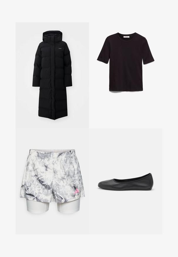 Mustard punane pikk jope kapuutsiga, millel on tuuletõkke disain ja minimaalne bränding. Sile tekstuur ja sirge lõige soojuse tagamiseks.; Must ja lühikeste varrukatega T-särk, mis on valmistatud pehmest puuvillast. Särgil on ümmargune kaelus ja sile, ühtlane tekstuur koos minimaalsete disainielementidega.; Hallid halli ja valge abstraktse mustriga lühikesed püksid, elastse vöökohtadega, sisemise voodriga ja külgedel roosa logo aktsendiga.; Musthave mustika tantsutossud mustast nahast, ümmarguse varbaga, siledast tekstuurist, minimaalse õmblusdetailiga ja paindliku tallakujundusega.