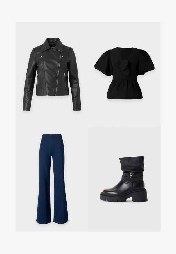Juodas odinis trumpas švarkas su apykakle, prigludęs dizainas, siuvimo detalės ir užtrauktukais baigti rankogaliai. Slydus tekstūra, klasikinio motociklo stiliaus.; Juoda medvilninė bliuska su V formos iškirpte, pūstomis rankovėmis ir juosmens raiščiu. Viršutinė dalis suglebusi, sukurianti peplumo formą.; Tamsiai mėlyni, plačios kojų džinsai iš džinsinio audinio su elastinga juosmeniu. Pasižymi lygiu paviršiumi ir plačiu kelių dizainu iki hemui.; Juodas odinis kulkšninis botas su laisva viršūne, sagtimi ir storu, tvirtu padu. Yra apvalus pirštas ir lygus paviršius.