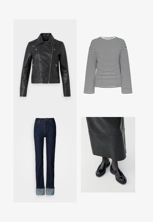 Jachetă din piele neagră, scurtă, cu guler, design ajustat, detalii cu cusături și manșete cu fermoar. Textură netedă, stil clasic de motocicletă.; Cămașă cu mânecă lungă, dungi alb-negru, cu decolteu rotund. Material moale, croi lejer și accente contrastante la decolteu.; Blugi din denim albastru închis, cu croială dreptă și tiv întors, cusături contrastante. Talie pe mijloc, cu închidere clasică cu nasture.; Loaferi negri din piele cu o finisare netedă, dotati cu o curea decorativă, vârf rotund și talpă texturată. Purtați cu o fustă lungă din piele neagră.
