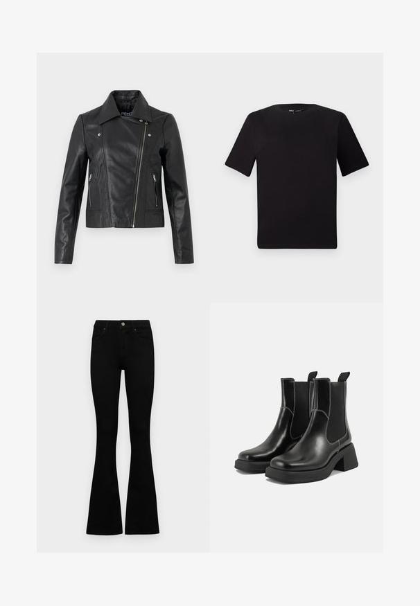 Crna kožna skraćena jakna s ovratnikom, prilagođenim dizajnom, detaljima šavova i patentnim zatvaračima na rukavima. Glatka tekstura, klasični stil motocikla.; Crna majica kratkih rukava s okruglim izrezom, izrađena od mekane pamučne tkanine. Jednostavan dizajn, bez vidljivih logotipa ili uzoraka.; Crne traperice viskog struka s kopčanjem na gumb i rajfeslusu, prednjim džepovima i širom nogavicama položene su ravno na bijeloj pozadini.; Crne kožne Chelsea čizme s debelim potplatom, elastičnim bočnim panelima i kontrastnim bijelim šavovima. Teksturirana površina.