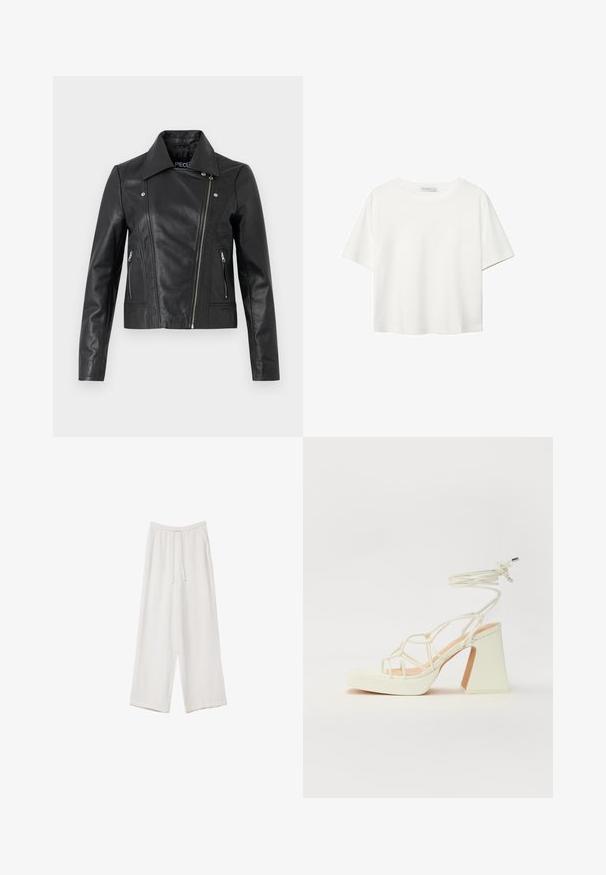Črna usnjena skrajšana jakna s ovratnikom, oprijetim dizajnom, detajli šivov in zadrgami na manšetah. Gladka površina, klasičen motociklistični slog.; Bela kratka majica s kratkimi rokavi iz bombaža. Ima okroglo izrezovanje in sproščen kroj. Gladka tekstura brez vidnih vzorcev ali poudarkov.; Bele široke hlače iz lahkega materiala. Imajo elastičen pas s vrvico in stranske žepe. Gladka tekstura.; Bela sandala na visokih petah s debelim petam, ki ima obliko trakcev in vezanje okoli gležnja. Gladka tekstura z platformo spredaj za dodatno višino.