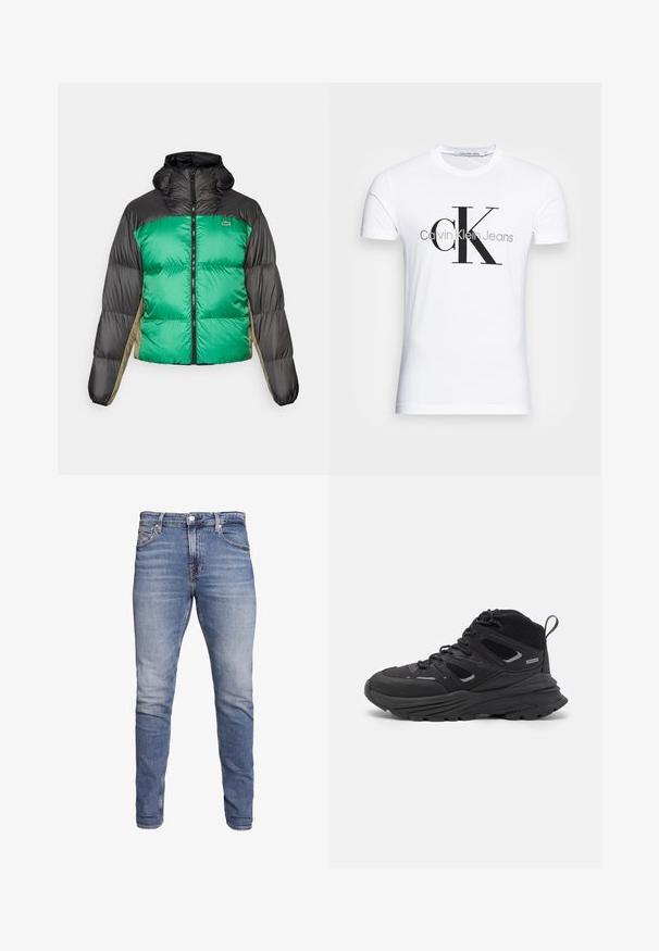 Puffer jacket featuring a green front, black shoulders, and beige side panels. It has a high collar, full zip, and padded texture.; White cotton t-shirt featuring a black "CK" logo and "Calvin Klein Jeans" text, short sleeves, and a classic round neckline.; Blue slim-fit jeans with five pockets, faded wash, button closure, and belt loops, displayed against a white background.; Black hiking shoes featuring a layered design, textured fabric, and rubber sole, with reinforced areas and a lace-up front.