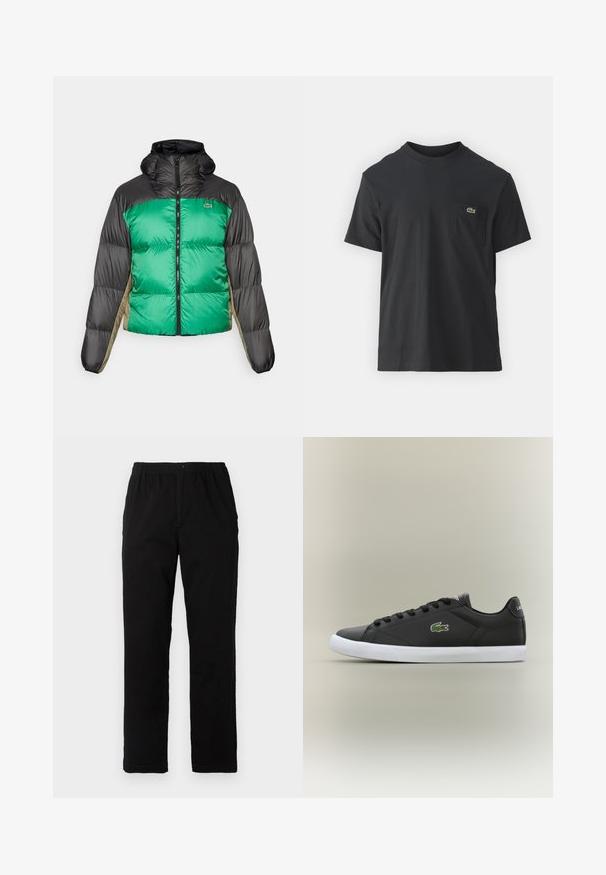 Casaco tipo puffer com frente verde, ombros pretos e painéis laterais bege. Tem um colarinho alto, fecho completo e textura almofadada.; Camiseta de algodão preta com mangas curtas, decote redondo e um pequeno logo verde no bolso do peito esquerdo. Design simples, corte regular.; Calças pretas feitas de um tecido de algodão misto, com corte reto, cintura elástica com botão e sem padrões ou detalhes visíveis.; Tênis de couro preto com sola de borracha branca, apresentando um logotipo de crocodilo verde e cadarços redondos, design elegante com textura suave.