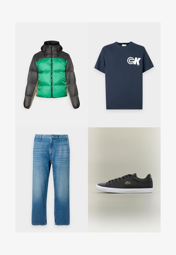 Pufjakas ar zaļu priekšpusi, melniem pleciem un bēšiem sānu paneļiem. Tam ir augsts apkakle, pilnīga zips un pamatota tekstūra.; Tumši zils T-krekls ar īsām piedurknēm un apaļu kakla izgriezumu, kreisajā krūtīs balts CK logotips un "Calvin Klein" teksts.; Gai zila denim bikses ar taisnu piegriezumu, piecu kabatu dizainu, pogu aizdari un vieglu izbalējumu priekšpusē. Nav redzamu rakstu.; Melnas ādas sporta apavas ar baltu gumijas zoli, rotāts ar zaļu krokodila logotipu un apaļām šņorēm, elegants dizains ar gludu tekstūru.