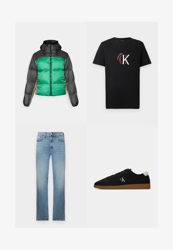Puhasta jakna z zelenim sprednjim delom, črnimi rameni in bež stranskimi paneli. Ima visok ovratnik, popoln zadrgo in podloženo teksturo.; Črna bombažna majica s kratkimi rokavi, na sprednji strani pa ima belo-rdeč logotip »Calvin Klein« in stilizirano grafično zasnovo »CK«.; Svetlo modre kavbojke iz jeansa s pravim krojem hlačnic, z zasnovo s petimi žepi in bledenim zaključkom. Imajo zadrgo s gumbi in zanke za pas.; Črne platnene superge z gumijastim podplatom, z značko "cK" v srebrni barvi na strani in belim poudarkom na peti. Nizka zasnova.